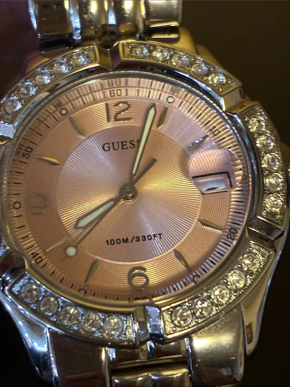 GUESS Silver Bracelet Watch with Pink Dial and Crystal Bezel-PARTS